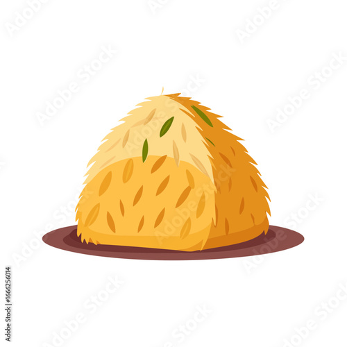 Illustration of a haystack with green leaves scattered on top set against a black backdrop.