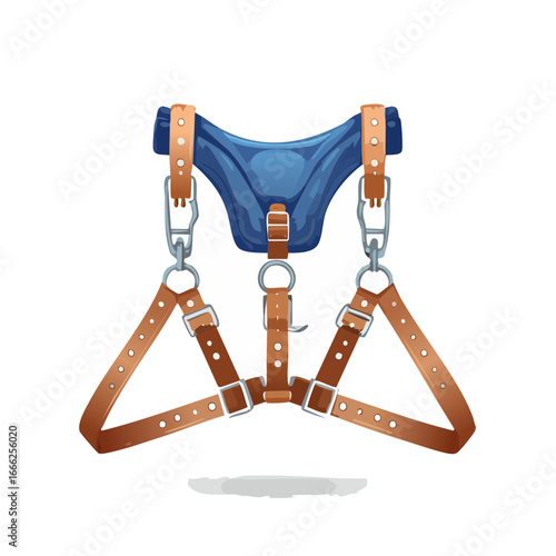 Illustration of a blue and brown harness with metal buckles and rivets on a black background