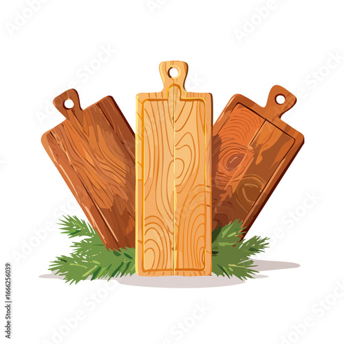 Wooden cutting boards with pine branches for culinary cooking prep design