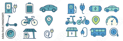 Electric Vehicle Charging and Transport Icons, Minimalist flat design