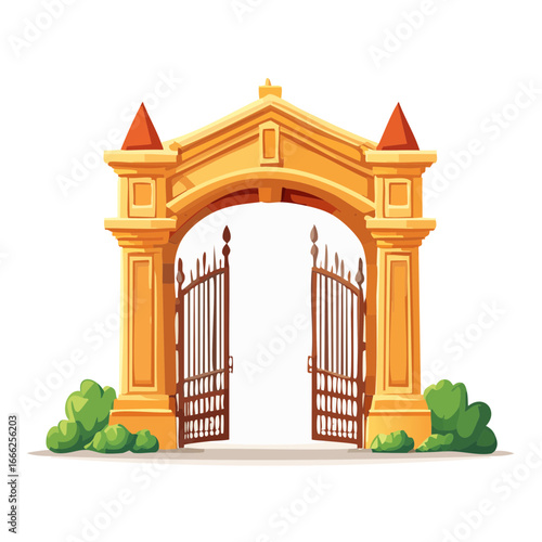 Open ornate gate with wrought iron detail and stone archway in cartoon style leading to bright space