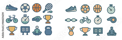 Sports and Fitness Icons Set, Minimalist flat design