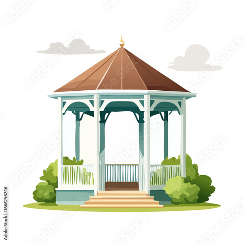 Elegant Outdoor Gazebo Structure with Brown Roof and Greenery Illustration Serene Landscape Art for Design Project