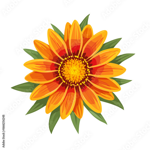 Vibrant orange and yellow flower with green leaves on a black background, botanical illustration, detailed petals and pollen.