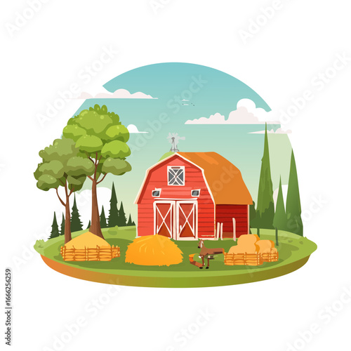 Red barn on farm landscape with hay bales, tractor and trees. Rural scene with farm building, windmill, green grass, agriculture.