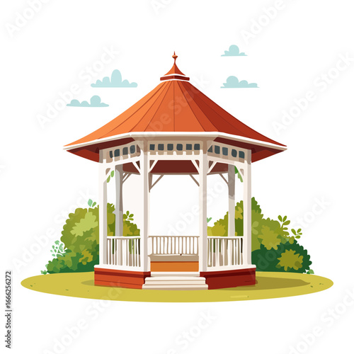 Ornate Garden Gazebo Illustration with Foliage and Sky for Relaxation and Leisure Scenery