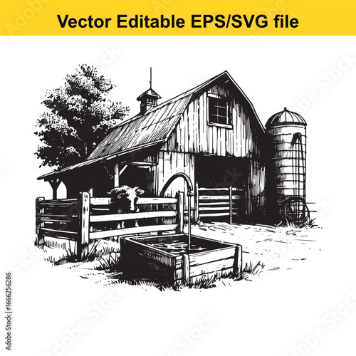 Rustic barn with silo and livestock pen in a rural countryside setting