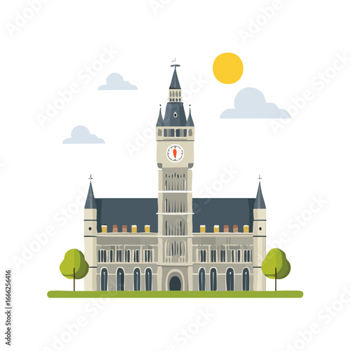 European City Hall Facade with Clock Tower Flat Vector Illustration