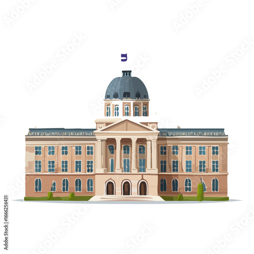 Illustration of governmental building with dome, pillars, and windows on a black background