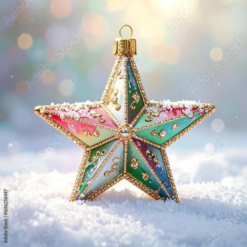 A multicolored Christmas star ornament rests atop a bed of sparkling snow, showcasing vibrant hues and intricate gold detailing.