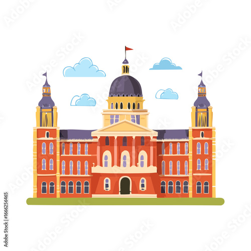 Cartoon Style Illustration of a Generic Capitol Building with Clouds on Black Background