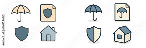Insurance Icons: Umbrella, Shield, House, Document