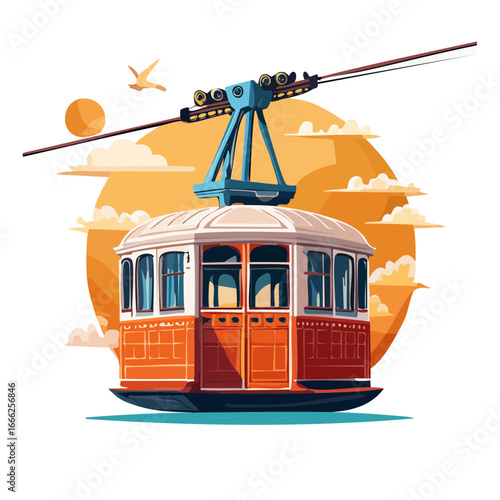 Vintage Cable Car Illustration Against Orange Sky with Bird in Flight Cartoon Design