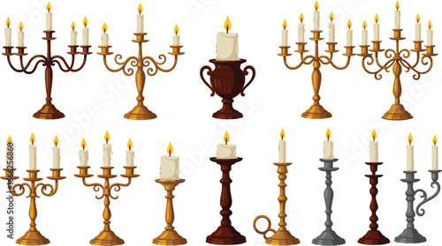 Elegant vintage candle holders and candelabras collection, antique brass and wooden candlesticks with burning candles, classic home decor