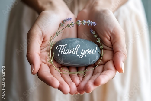 Hands gently hold a smooth stone engraved with 'thank you' in elegant script