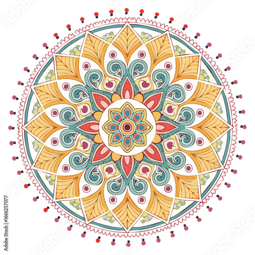 Colorful Mandala Design Element with Floral and Geometric Patterns on Black