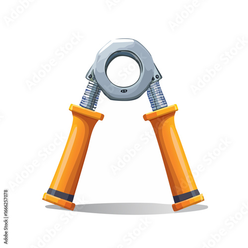 Cartoon metal hand grip strengthener with orange handles used for fitness, rehabilitation and grip strength.