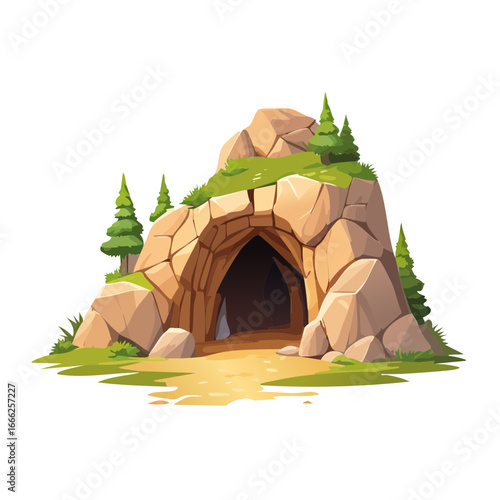 Cartoon Stone Cave Entrance with Pine Trees Vector Illustration Isolated on Black