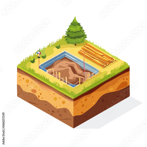 Isometric view of a cutaway earth section showing excavation site construction work or archeological dig
