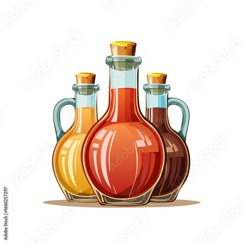 Bottles of flavored oil or vinegar with cork stoppers in various colors on a plain black background