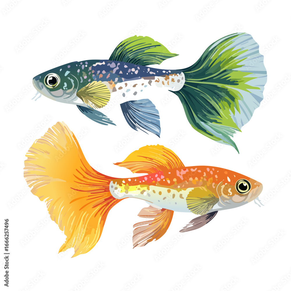Naklejka premium Two colorful guppy fishes swimming in dark space vector illustration art