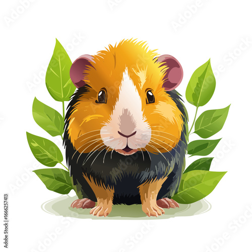 Cute Cartoon Guinea Pig with Green Leaves Isolated on Black Background