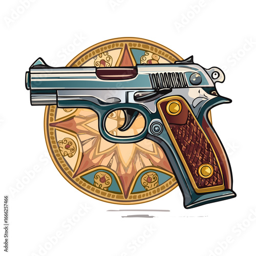 Detailed illustration of a stylized pistol gun with an ornate patterned background, a weapon in artful composition