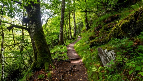 A sun-drenched woodland path winds through a lush, vibrant forest filled with mossy trees and rocks.