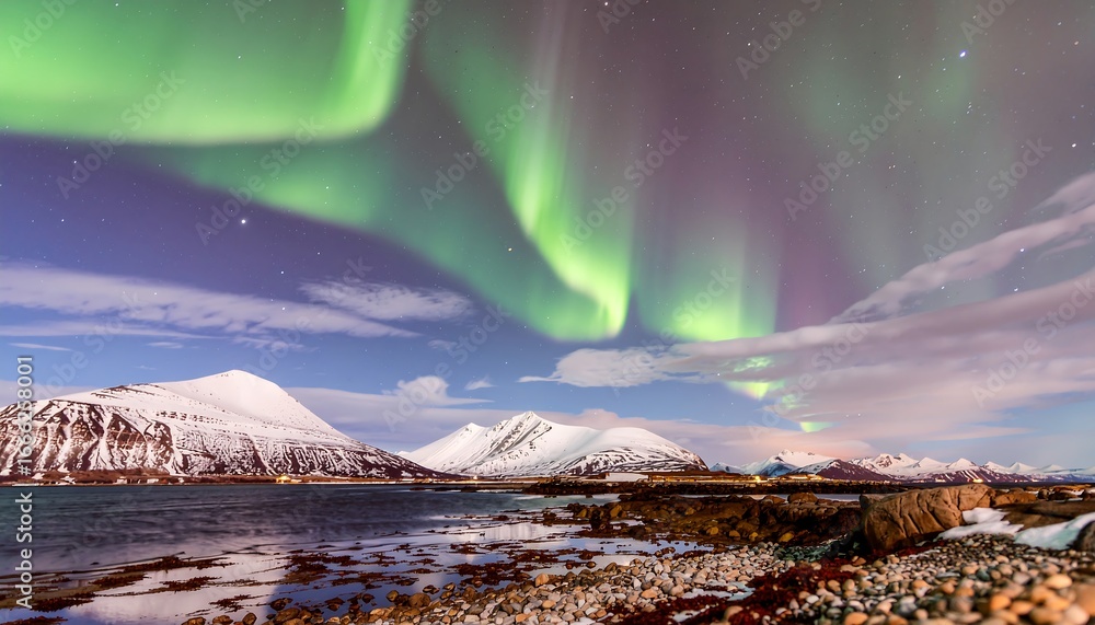 Naklejka premium Spectacular Northern Lights over snowy mountains and a serene fjord.