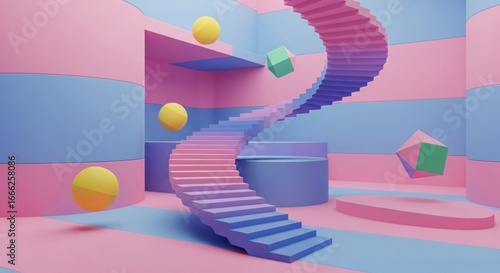 Abstract 3D rendered pastel staircase with geometric shapes and soft colors