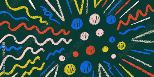 Colorful hand drawn crayon marks and circles on a dark green background