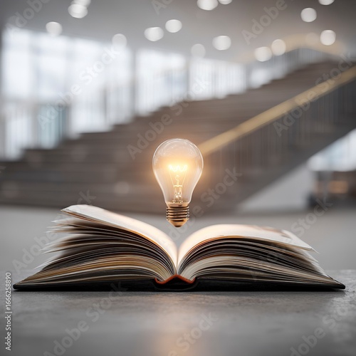 An open book with an illuminated light bulb floating above it, symbolizing the idea of knowledge and inspiration