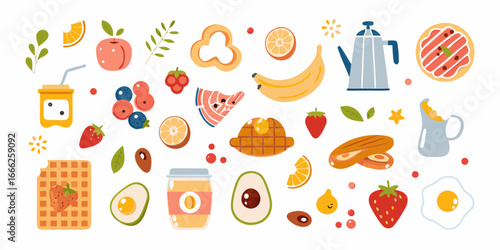 Colorful Breakfast Food Illustration with Fruits Waffles Eggs and Coffee