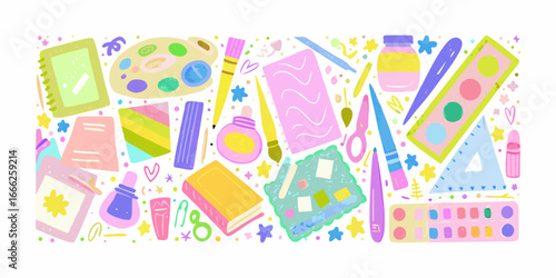 Colorful Hand Drawn Art and Craft Supplies Flat Lay Illustration