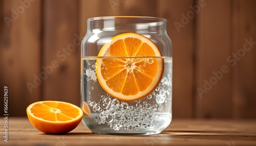 Fresh orange slice drop into water 