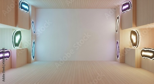 Modern interior design with illuminated agate style wall decor and wood paneling