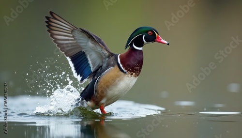 Male wood duck launching from lake surface, vibrant plumage, wood duck drake, pond, water