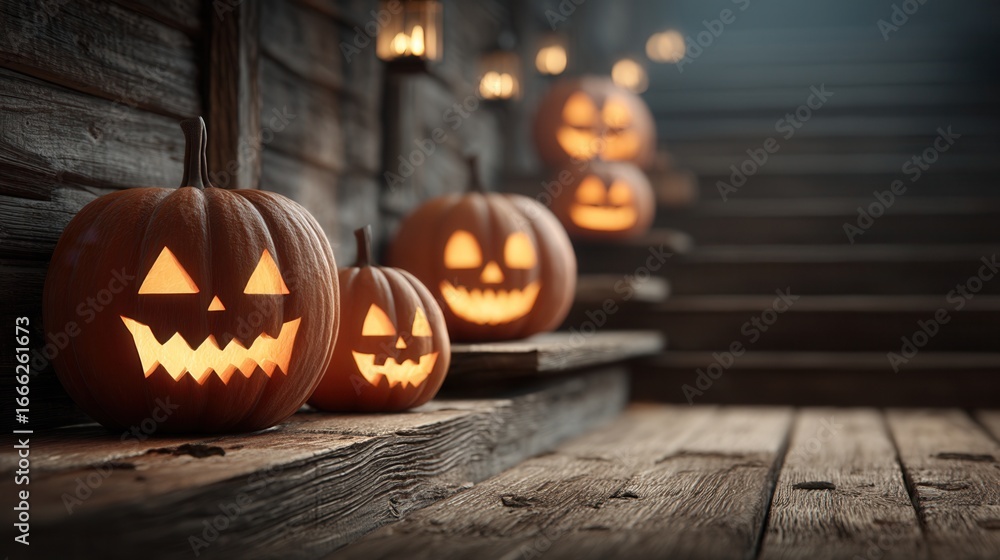 Fototapeta premium halloween festival. Spooky carved pumpkins glowing on a rustic wooden staircase.