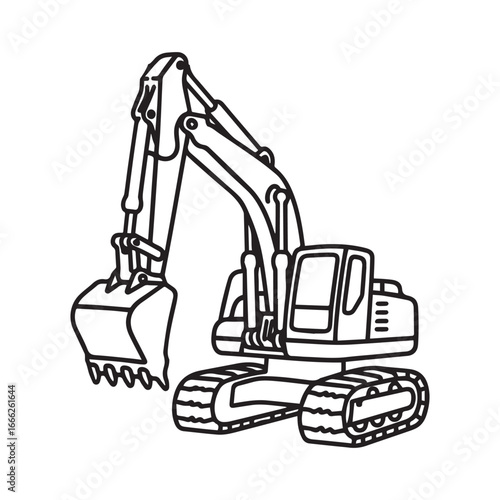 Black and white line art illustration of a large excavator with bold outlines for coloring activity.