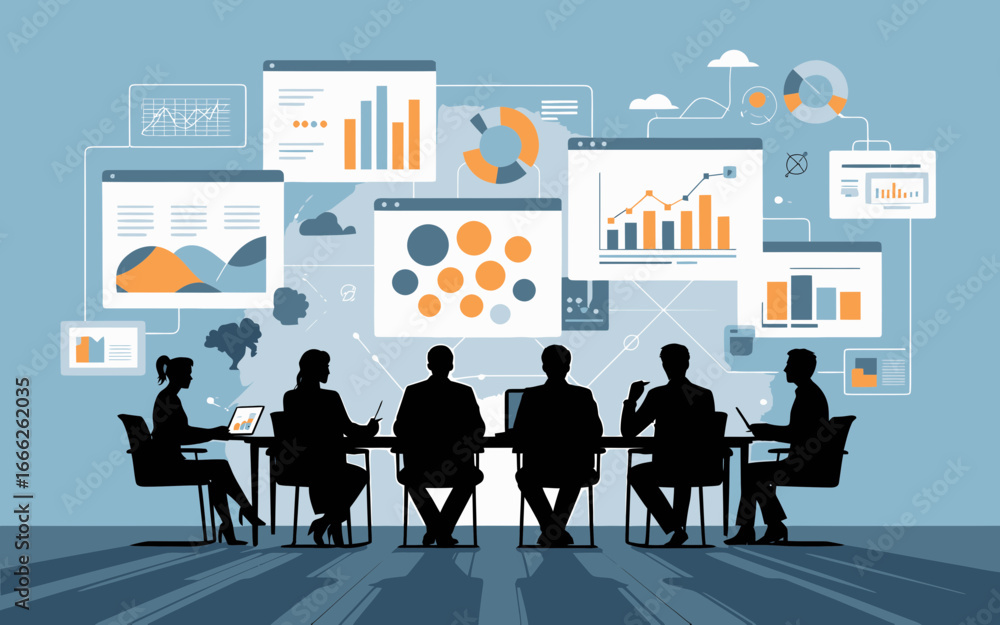 Obraz premium Diverse team collaborates around a table, analyzing data and charts for business growth.