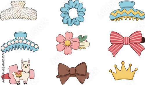 Cute colorful hair clips collection, cartoon style, llama, pearls, bows, scrunchies, floral, crown accessories for girls and women
