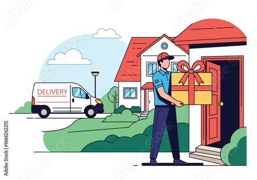 Delivery man bringing a gift package to a house with a delivery van