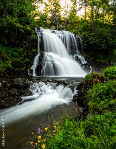A cascading waterfall, bathed in sunlight, flows over dark, mossy rocks, surrounded by lush greenery and wildflowers.