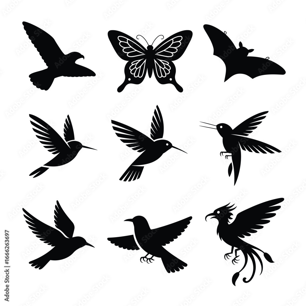 Obraz premium Black silhouette illustrations of flying birds and a butterfly