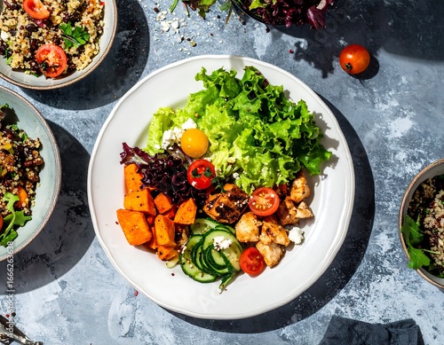 Colorful and vibrant salad bowls featuring roasted vegetables, grilled chicken, and fresh greens, showcasing a healthy and balanced meal.