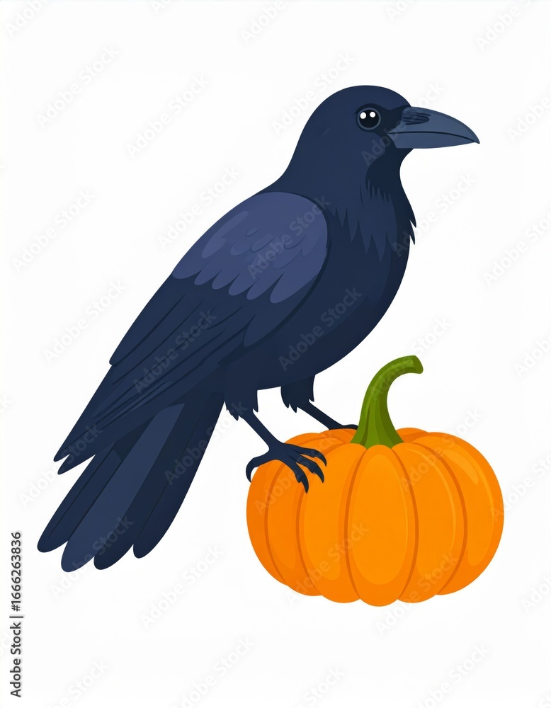 Fototapeta premium Pixelated Black Crow Perched on Orange Pumpkin in an Isolated White Background Artwork