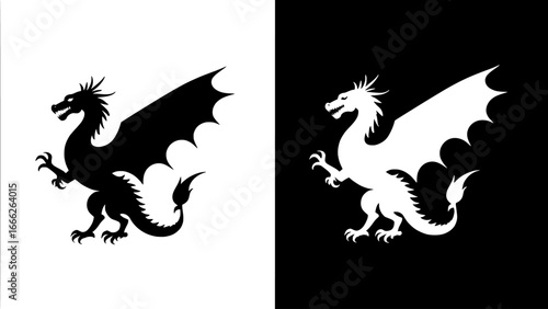 Dragon silhouette vector design, mythical creature black and white artwork, fantasy power strength minimal