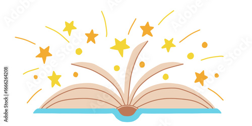Magical open book with flying stars vector illustration. Magic reading. Knowledge. Fairy tale