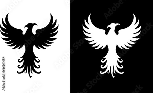 High contrast phoenix silhouette vector, black and white wings spread, rebirth, strength, fiery minimal design