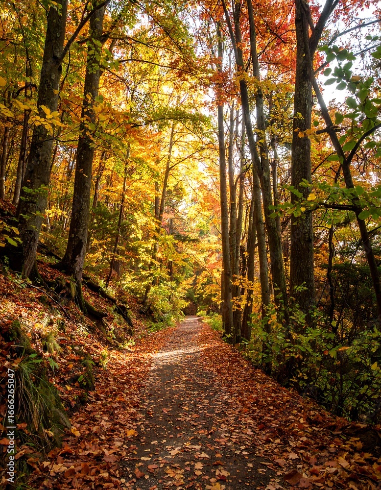 Fototapeta premium A sun-drenched autumnal path winds through a vibrant forest ablaze with golden and crimson foliage.